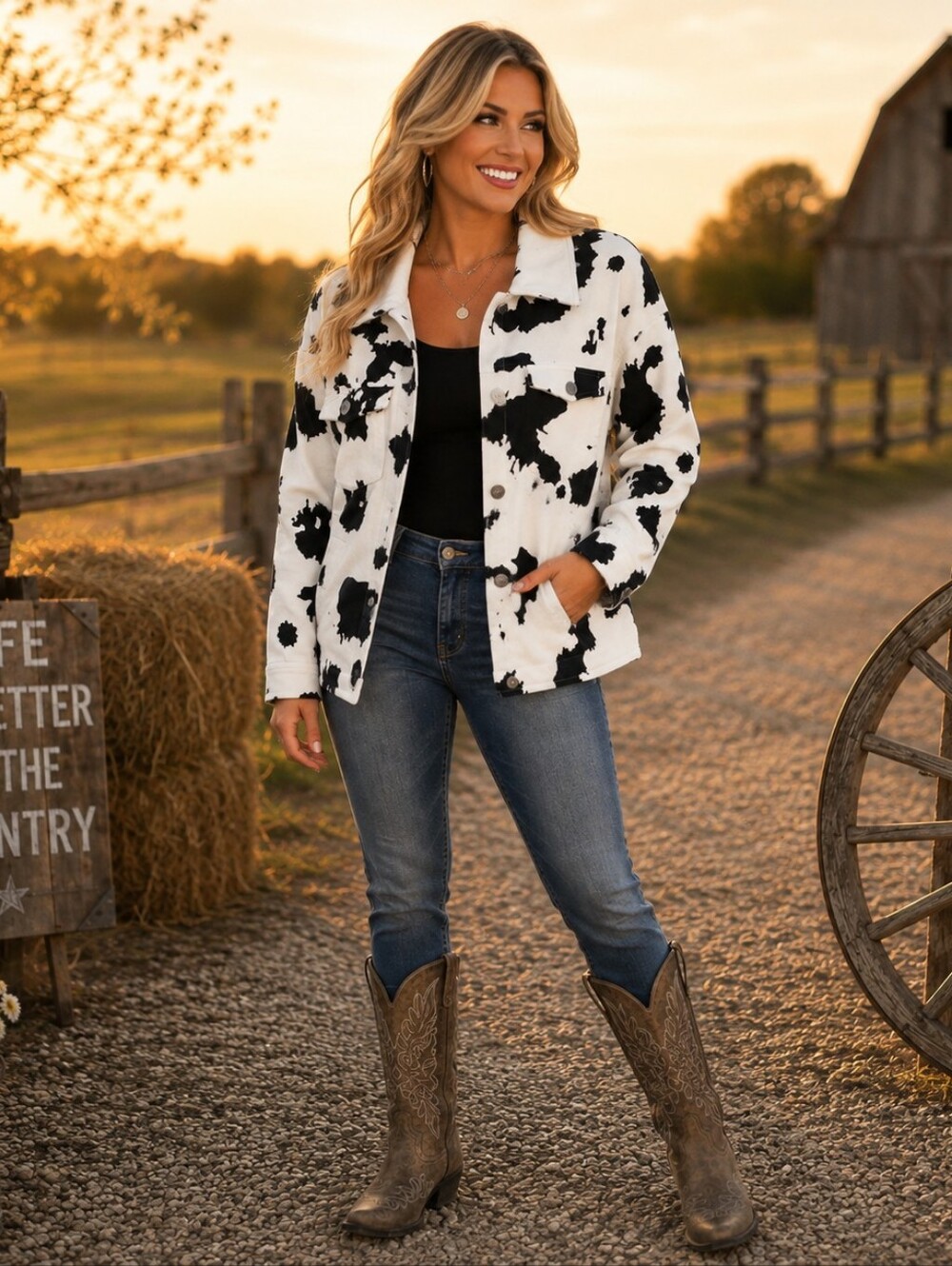 Cow Print Utility Shacket - Black & White